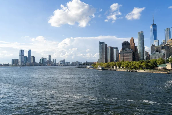 skyscrapers view at night in Manhattan downtown