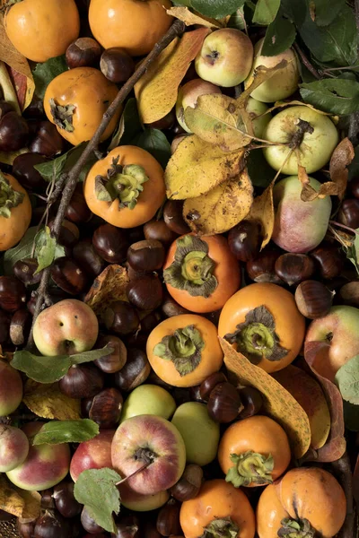 Podzimní Ovocná Mísa Čerstvá Syrová Jablka Kaki Kaštany Zlatém Podnose — Stock fotografie