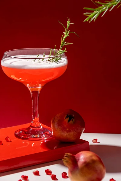 Festive Isolated Red Cocktail Pomegranate Drink White Egg Rosemary — Stock Photo, Image