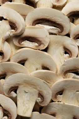 Çiğ taze şampiyon mantarları. Gıda arka planı, organik gıda 