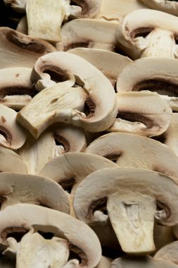 Çiğ taze şampiyon mantarları. Gıda arka planı, organik gıda 