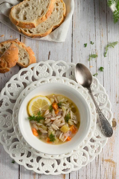 Sopa Verduras Blanco Rústico Comida Fotografía Estilo Cabaña — Foto de Stock