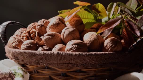 Whole Walnuts Basket Food Harvest Rustic Style — Stock videók