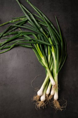 Arka planda taze soğan. Hasat, tarım konsepti, sağlıklı organik malzemeler.