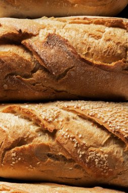 Close up of french crusty baguette, bread bakery themes