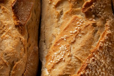 Close up of french crusty baguette, bread bakery themes