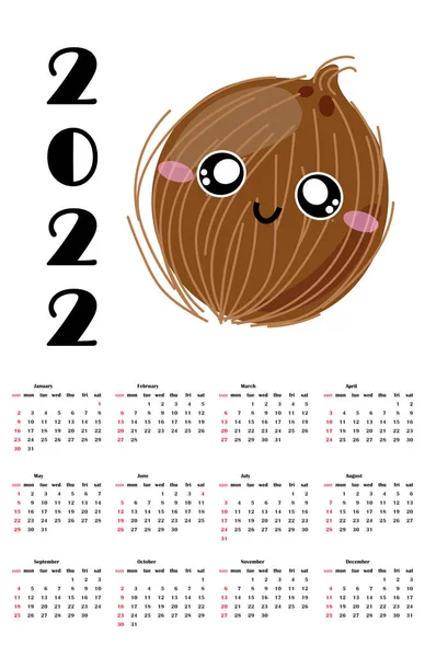 Календарь 2022 Года Английском Языке Детей Милым Забавным Кокосовым Характером — стоковое фото