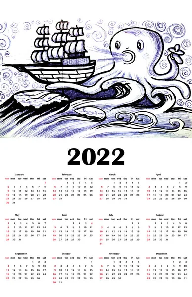 Calendar 2022 Year English Children Giant Octopus Child Blowing Sailing — Stock Photo, Image