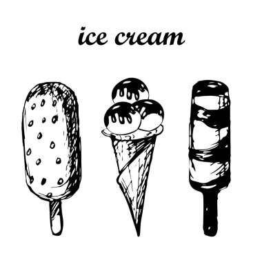 Dondurma skeci. Waffle külahında bir kepçe dondurmayla çizilmiş el çizimleri, dondurmalı lolipop, izole edilmiş donmuş meyve suyu. Menü vektörü için çizimler