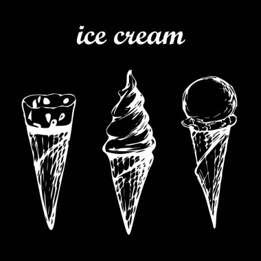 Dondurma kümesi çizimi, el çizimi vektör çizimi dondurma menüsü kara tahtaya tebeşirle çizilmiş.