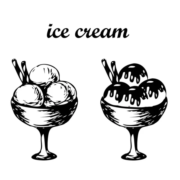 Dois sorvete em tigela com rolos de waffle. Bolas de sorvete ilustração vetorial desenhada à mão, esboço isolado em fundo transparente — Vetor de Stock