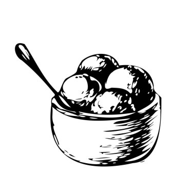 Bir kase dondurma, kaşık, çizim, vektör illüstrasyonu. El yapımı dondurma beyaz üzerine izole edilmiş siyah çizgiler kullanıldı.