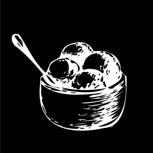 Bowl Ice Cream Balls Spoon Sketch Vector Illustration Hand Drawn — Stock Vector