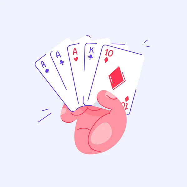 Hand holding playing cards. Three of a Kind in poker. Pastime with friends. Family table leisure games. Sports and recreation. Isolated background. — Stock Vector
