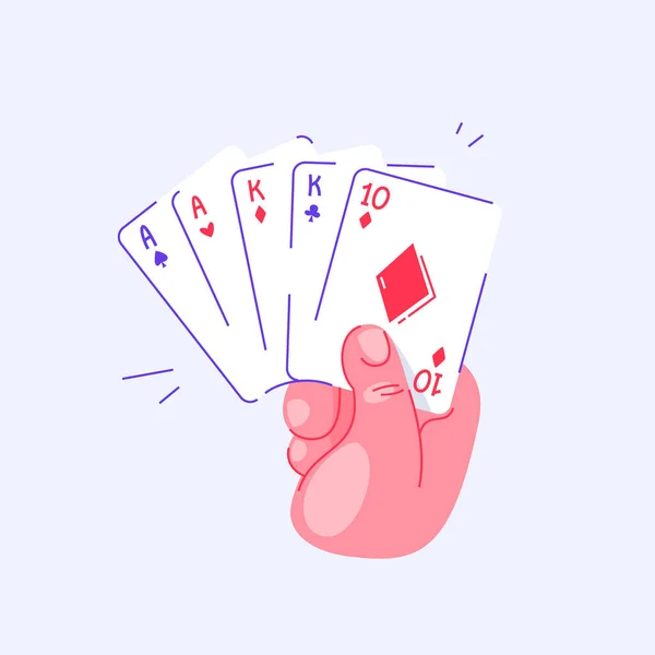 Χέρι που παίζει χαρτιά στο πόκερ. Δύο ζευγάρια. Περνάω χρόνο με φίλους. Οικογενειακά επιτραπέζια παιχνίδια αναψυχής. Αθλητισμός και αναψυχή. Μεμονωμένο φόντο. — Διανυσματικό Αρχείο