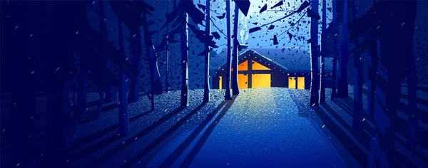 カントリーハウス、夜、木、背景の月明かり。涼しい色の大気の冬の風景。森に囲まれた居心地の良いカントリーハウス。パノラマベクトルの風景. — ストックベクタ