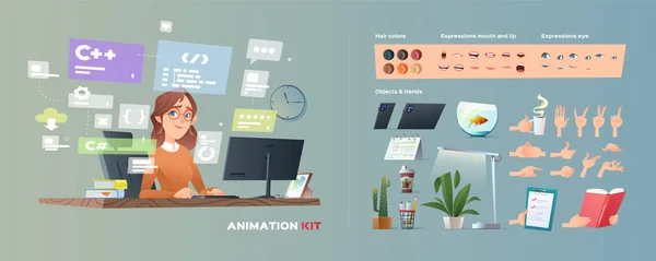 Uma programadora no computador. Kit de Animação com de vários boca, emoções de olhos, mãos de gesto, objetos, paleta de combinações a cores de cabelo. Business Character estilo cartoon. Vetor. —  Vetores de Stock