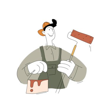 Bir inşaat işçisi karakteri. - Boyacı. Beyaz arkaplanda izole edilmiş düz bir biçimin vektör illüstrasyonu.