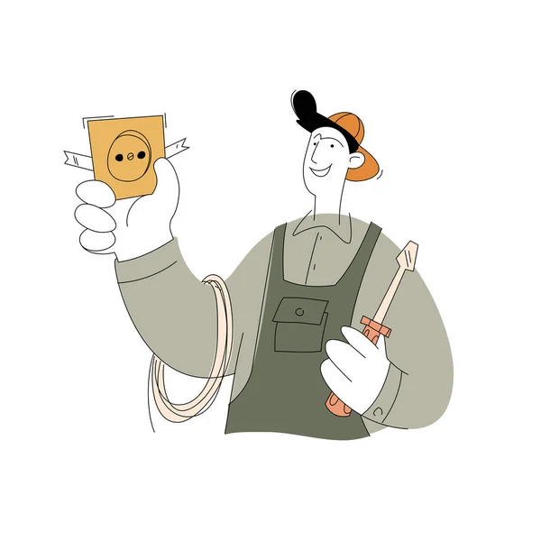 Bir inşaat işçisi karakteri. Elektrikçi yükleyici. Beyaz arkaplanda izole edilmiş düz bir biçimin vektör illüstrasyonu.