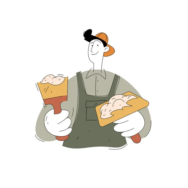 Bir inşaat işçisi karakteri. Sıvacı. Beyaz arkaplanda izole edilmiş düz bir biçimin vektör illüstrasyonu.