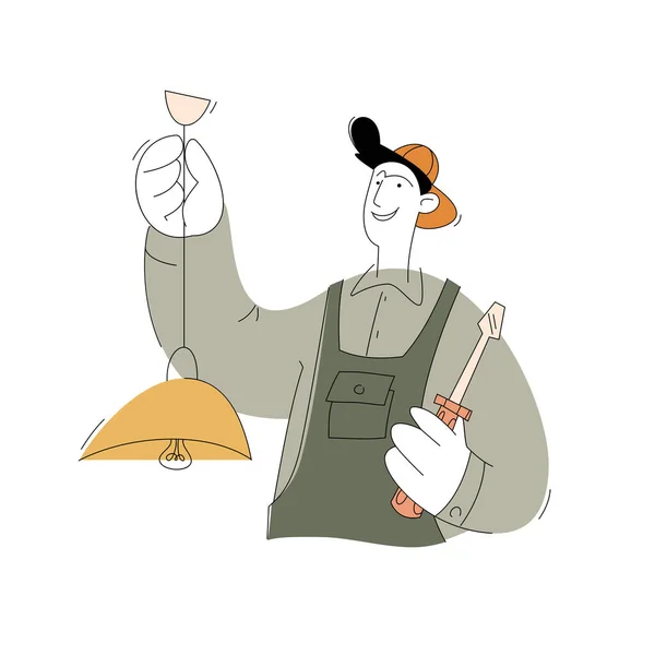 Bir inşaat işçisi karakteri. Elektrikçi yükleyici. Beyaz arkaplanda izole edilmiş düz bir biçimin vektör illüstrasyonu.