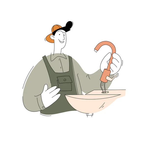 Bir inşaat işçisi karakteri. Hijyenik teknisyen musluğu lavaboya kuruyor. Beyaz arkaplanda izole edilmiş düz bir biçimin vektör illüstrasyonu.