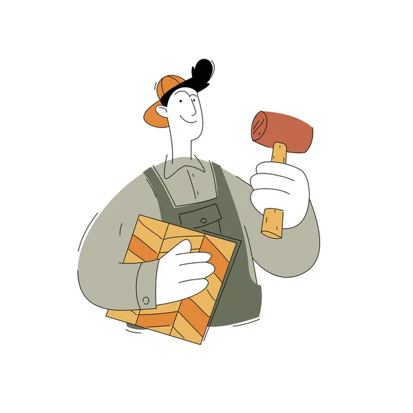 Bir inşaat işçisi karakteri. Parke ile marangoz. Beyaz arkaplanda izole edilmiş düz bir biçimin vektör illüstrasyonu.