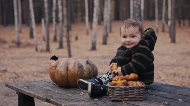 10 Měsíc staré dítě hlídat s dýní a houskou na dřevěném stole v podzimním lese. Helloween dovolená koncept. — Stock video