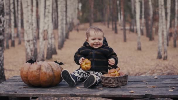 Baby-sitter de 10 mois avec citrouille et chignon sur table en bois dans la forêt d'automne. Concept de vacances d'Halloween. — Video