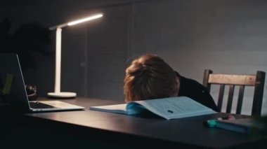 Uzaktan öğrenme, bir çocuk evde bir masada oturup kayın laptopuna bakar. Çevrimiçi eğitim kavramı, ev. Küçük çocuk akşam geç saatte evde ödev yapıyor..