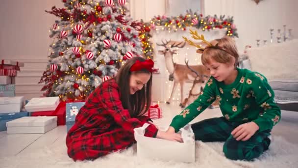 两个可爱的小孩吃着圣诞糖果的4k视频肖像。孩子们手里拿着手工制作的巧克力糖果.哥哥在圣诞树旁吃糖果 — 图库视频影像