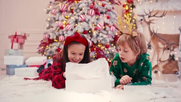 Retrato de vídeo 4k de duas crianças pequenas e fofas comendo doces de Natal. Doces artesanais de chocolate artesanal em mãos de crianças. Irmão comendo doces perto da árvore de Natal — Vídeo de Stock