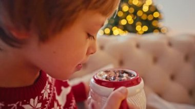 Sıcak çikolata hatmi ile evde içme şirin küçük çocuk.