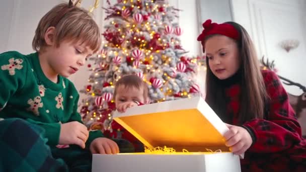 漂亮的男孩和女孩在圣诞树旁玩耍，打开装有礼物的盒子。客厅。房子装修。平安夜家庭概念. — 图库视频影像