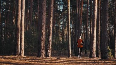 Gündoğumunda sonbahar ormanında koşan genç bir kadın. Yavaş çekim 4k