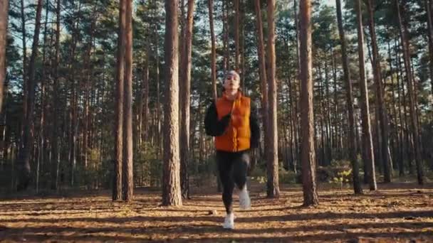 Jeune femme jogging sur le sentier dans la forêt d'automne au lever du soleil. Mouvement lent 4k — Video