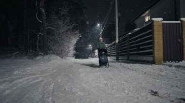 Genç anne bebek arabasını itiyor ve kar yağışı sırasında kış parkında yürüyor. Kar ağaçları ve çalıları kapladı. Güzel bir kış gecesinde bebekle vakit geçirmek. Huzurlu bir gezinti.
