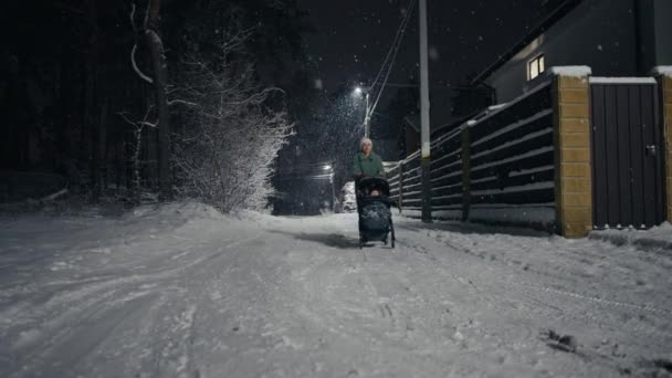 Mladá matka tlačí dětský kočárek a procházky v zimním parku během sněžení. Sníh pokryl stromy a keře. Trávit čas s dítětem v krásné zimní noci. Užívám si klidnou procházku — Stock video