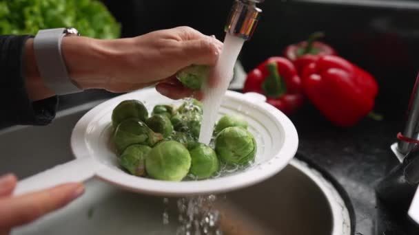Brüksel lahanalarını kadın ellerinde yıkamak. Sağlıklı beslenme konsepti. Yavaş çekim.. — Stok video
