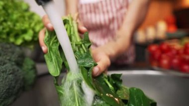 El yıkama ıspanağı. Yavaş çekim..