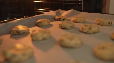 Evde yemek pişirmek, fırında pişirmek. Mutfağındaki güzel kız pastasını fırına koyuyor.