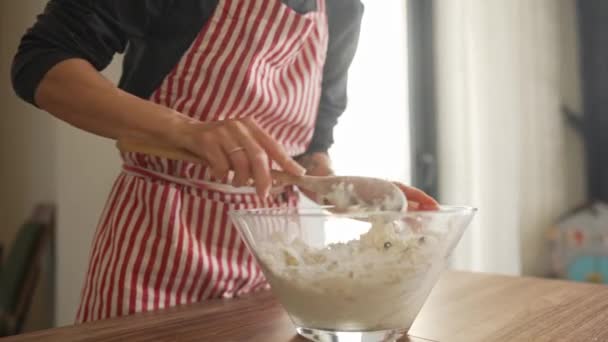 Mixing cookie dough. Woman kneading cookie dough. — Stock Video