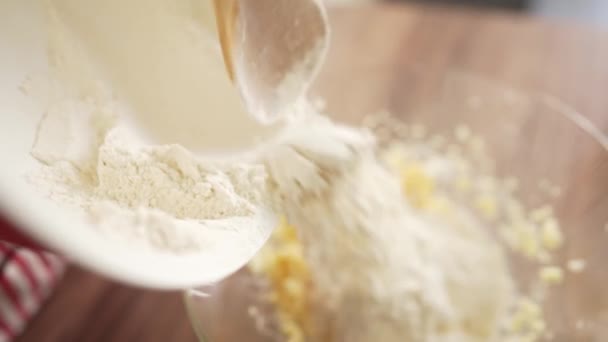 Mulher padeiro peneirando farinha para massa através bolter. — Vídeo de Stock