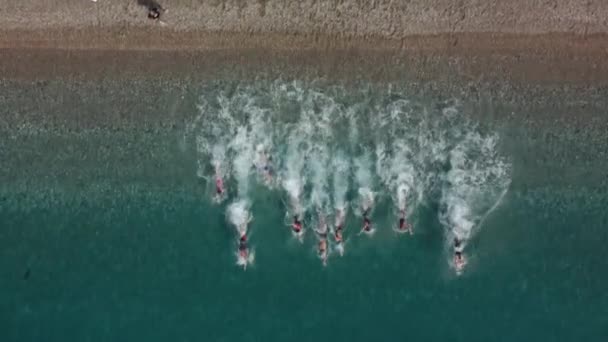 Aerial Shot of Triathlon pelatihan di pantai laut di pagi hari. Sekelompok atlet muda menyerang air. Mulai berenang di laut atau laut — Stok Video