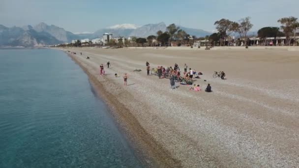 Tiro aéreo de entrenamiento de triatlón en la orilla del mar por la mañana. Un grupo de jóvenes atletas invade el agua. Empieza a nadar en el mar o en el océano — Vídeos de Stock