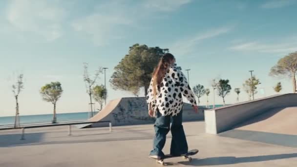 Giovane donna che fa skateboard, intagliando la ciotola al parco. Una ragazza va in skateboard in uno skate park d'estate. Tracking shot — Video Stock