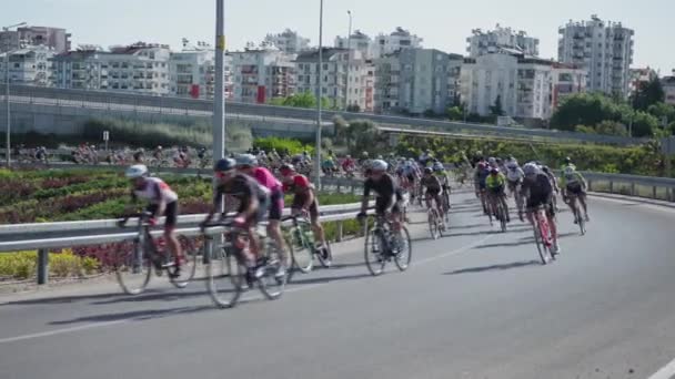 大众自行车在城市里骑.自行车马拉松。骑单车人士竞赛活动。公民，他们的自行车在主要街道上。身份不明的运动员一栏. — 图库视频影像