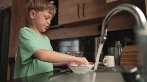 Küçük Çocuk Mutfakta Bulaşık Yıkıyor Bebek Tabağı Yıkama — Stok video