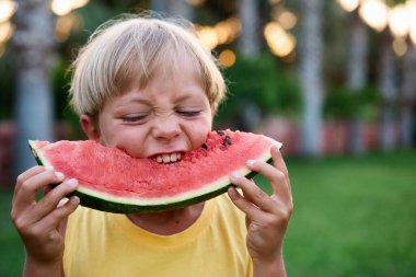 Bahçede sağlıklı organik karpuz yiyen tatlı çocuk, doğa arka planı, güneşli ışıklar. Yüksek kalite fotoğraf