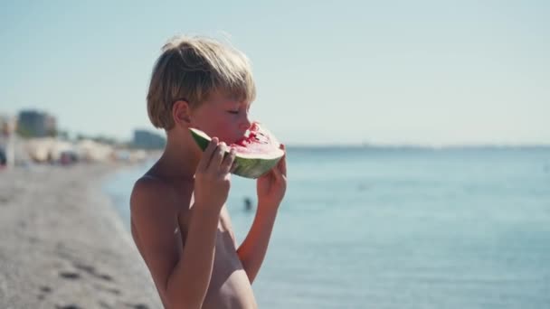 Boy Eating Watermelon Beach Summertime — Vídeos de Stock